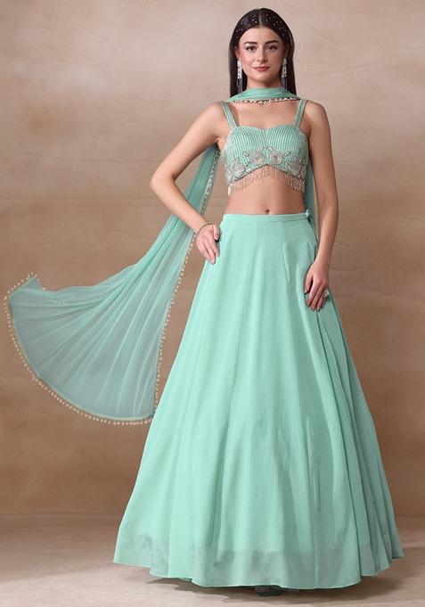 Soft Cyan Cutdana Embroidered Chinon Lehenga Set