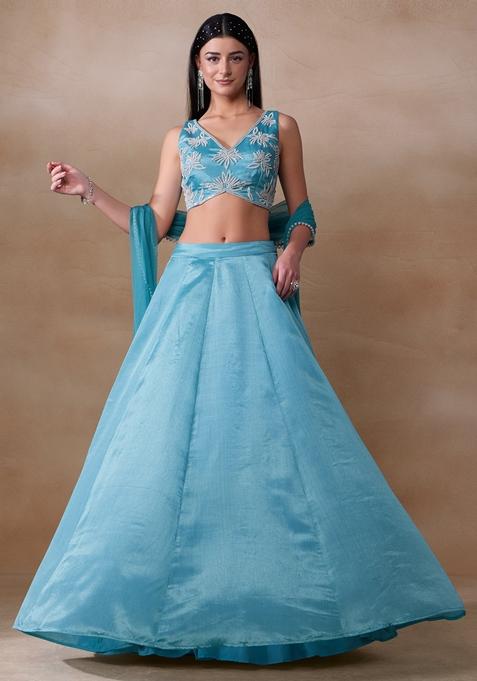 Blue Pearl Embellished Chinon Lehenga Set