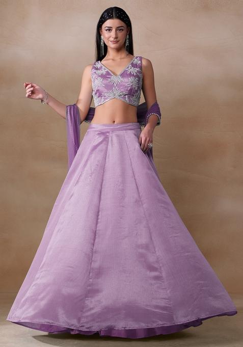 Purple Pearl Embellished Chinon Lehenga Set