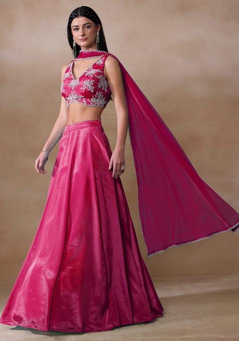 Dark Pink Pearl Embellished Chinon Lehenga Set