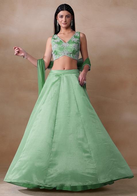 Light Green Pearl Embellished Chinon Lehenga Set