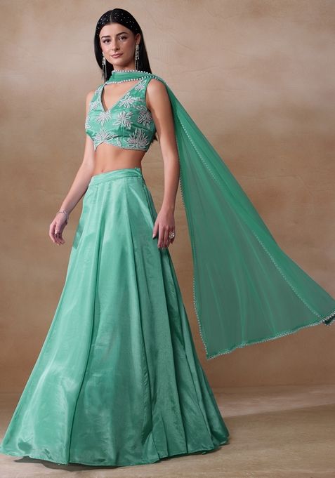 Turquoise Pearl Embellished Chinon Lehenga Set