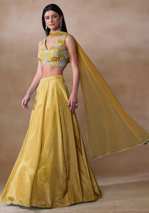 Mustard Yellow Pearl Embellished Chinon Lehenga Set