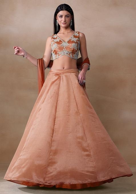 Rust Pearl Embellished Chinon Lehenga Set