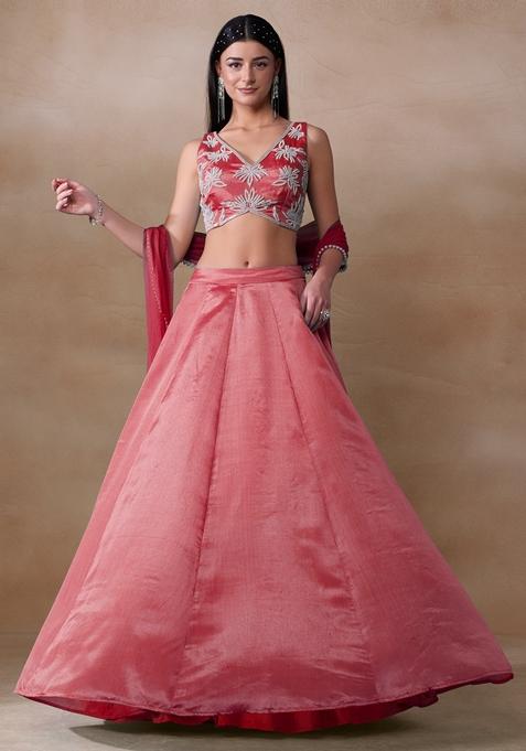 Coral Pearl Embellished Chinon Lehenga Set