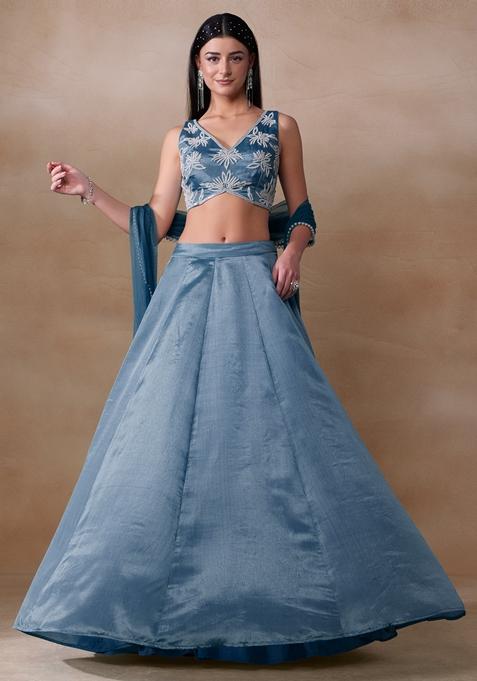 Blue Pearl Embellished Chinon Lehenga Set