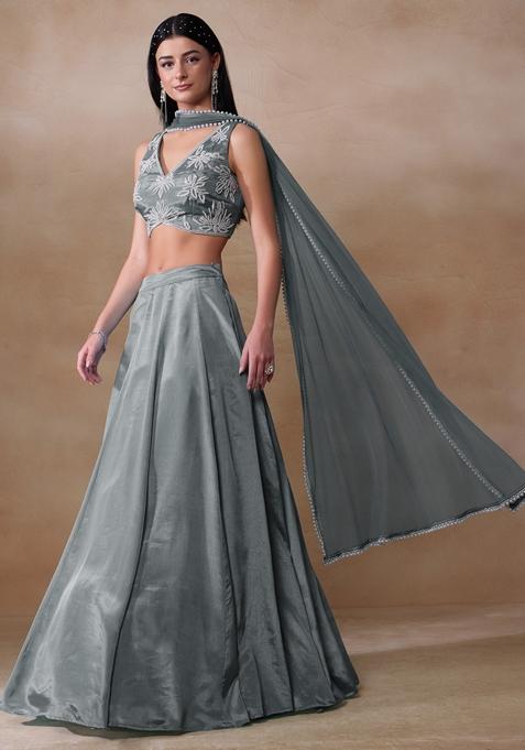 Grey Pearl Embellished Chinon Lehenga Set