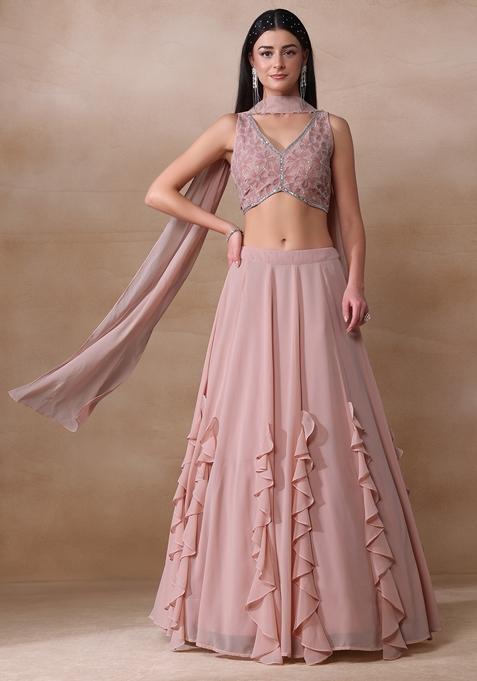 Salmon Pink Applique Work Georgette Lehenga Set