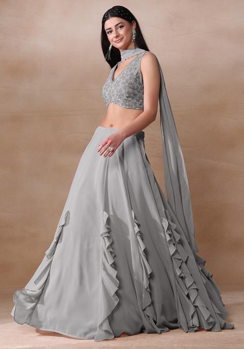 Grey Applique Work Georgette Lehenga Set