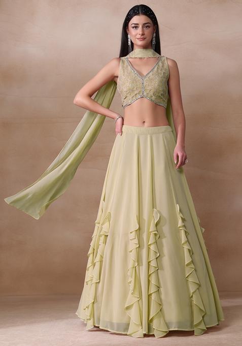 Corn Yellow Applique Work Georgette Lehenga Set