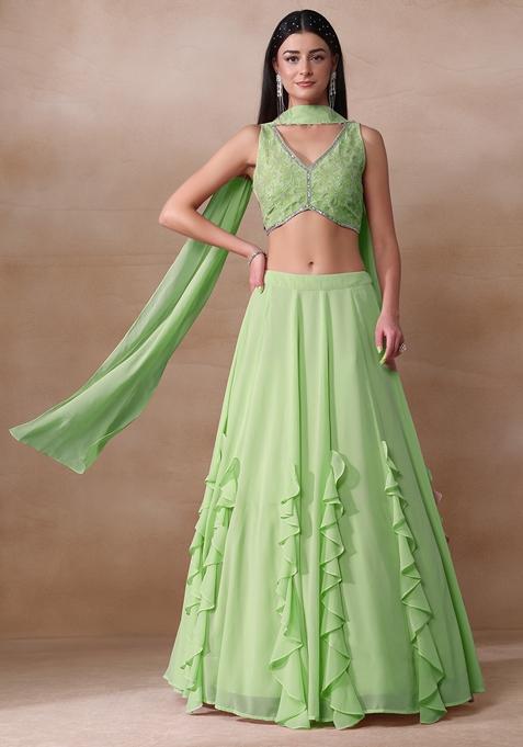 Green Applique Work Georgette Lehenga Set