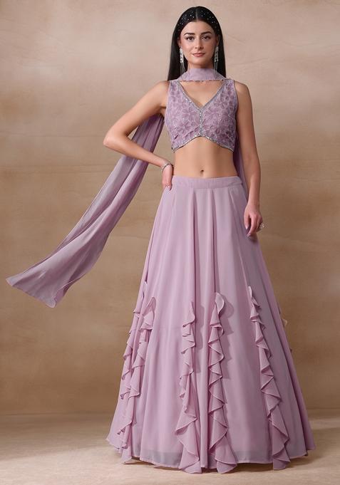 Mauve Applique Work Georgette Lehenga Set