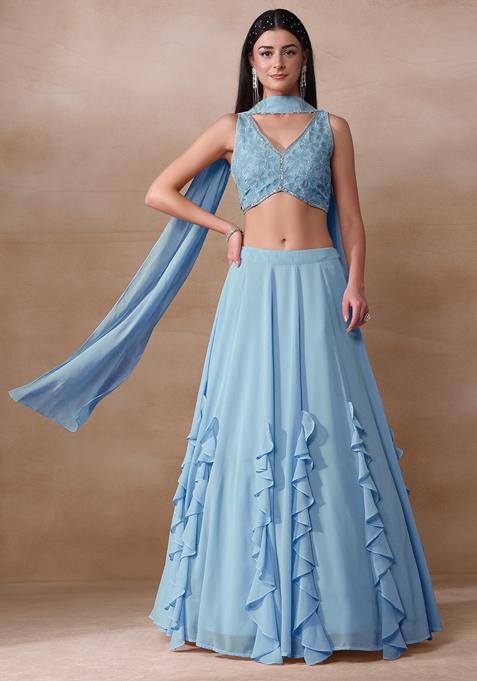 Blue Applique Work Georgette Lehenga Set