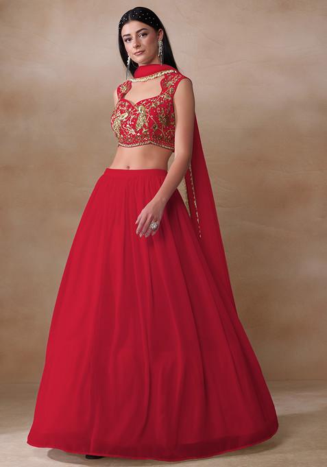 Red Cutdana Embroidered Georgette Lehenga Set