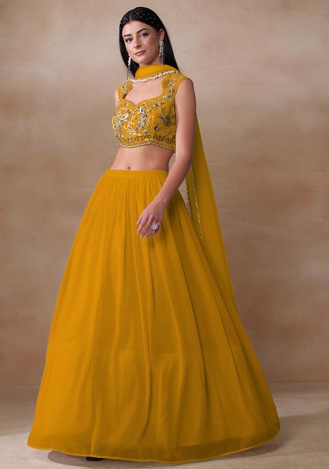 Mustard Yellow Cutdana Embroidered Georgette Lehenga Set