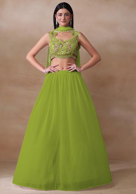 Green Cutdana Embroidered Georgette Lehenga Set