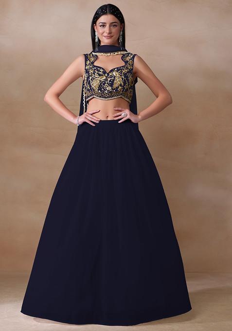 Navy Blue Cutdana Embroidered Georgette Lehenga Set