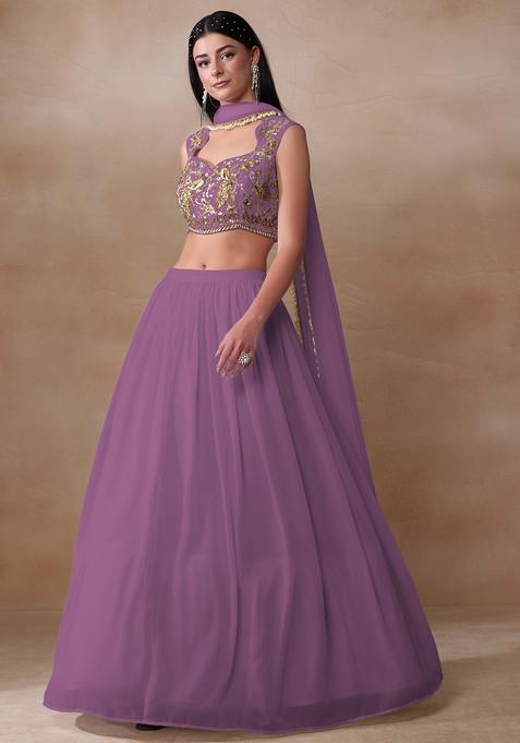 Old Mauve Cutdana Embroidered Georgette Lehenga Set