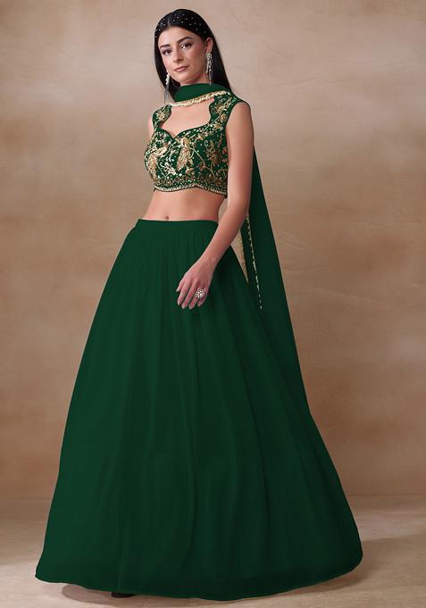 Dark Green Cutdana Embroidered Georgette Lehenga Set