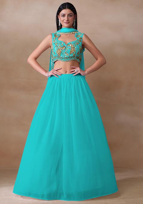 Cyan Blue Cutdana Embroidered Georgette Lehenga Set