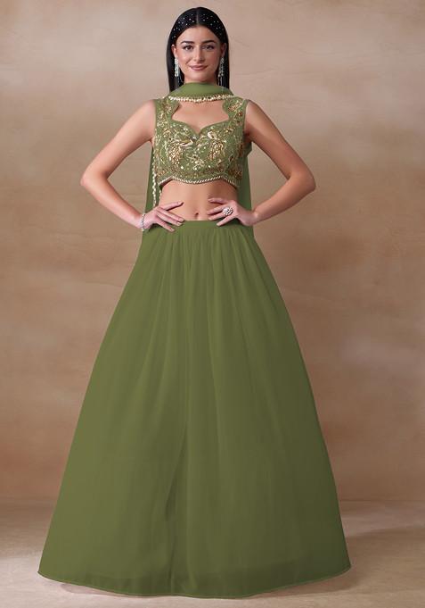 Olive Green Cutdana Embroidered Georgette Lehenga Set