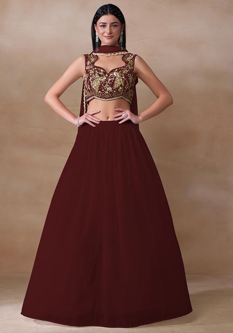 Maroon Cutdana Embroidered Georgette Lehenga Set