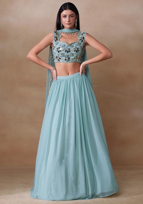 Aqua Blue Mirror Embellished Georgette Lehenga Set