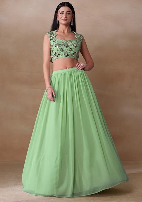 Spring Green Mirror Embellished Georgette Lehenga Set