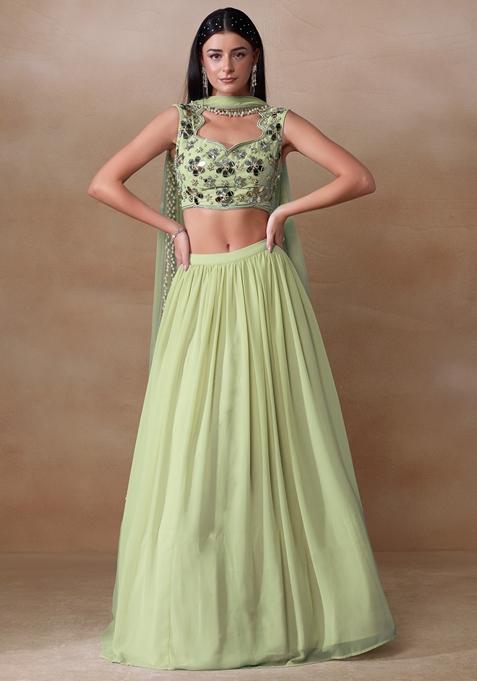 Light Yellow Mirror Embellished Georgette Lehenga Set