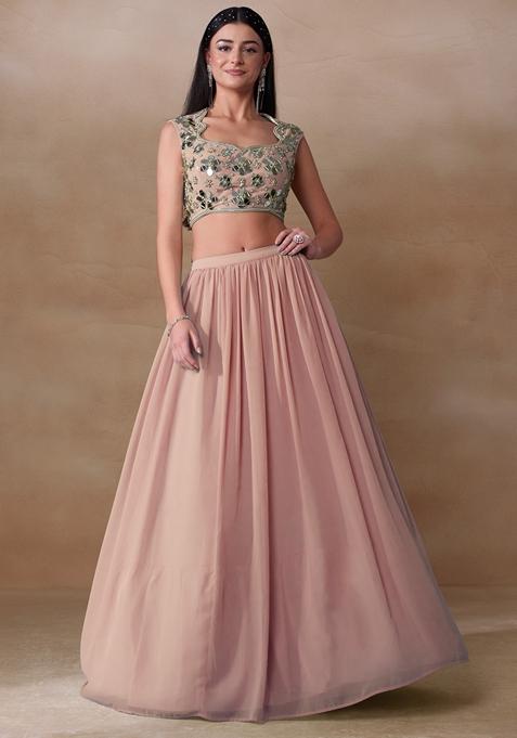 Coral Pink Mirror Embellished Georgette Lehenga Set