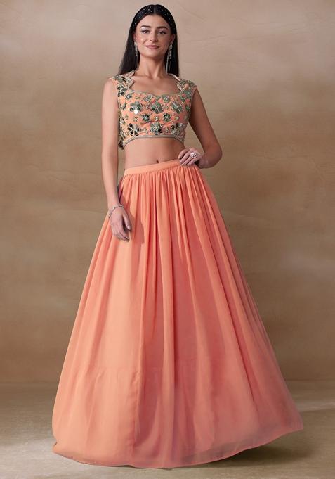 Peach Mirror Embellished Georgette Lehenga Set