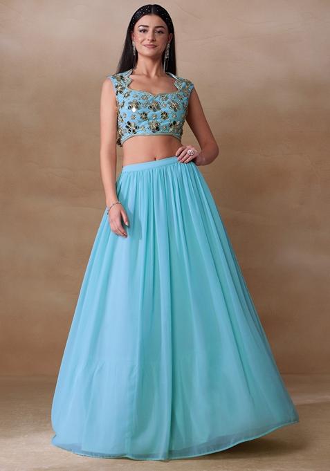 Cyan Blue Mirror Embellished Georgette Lehenga Set