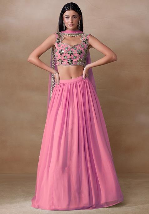 Pink Mirror Embellished Georgette Lehenga Set