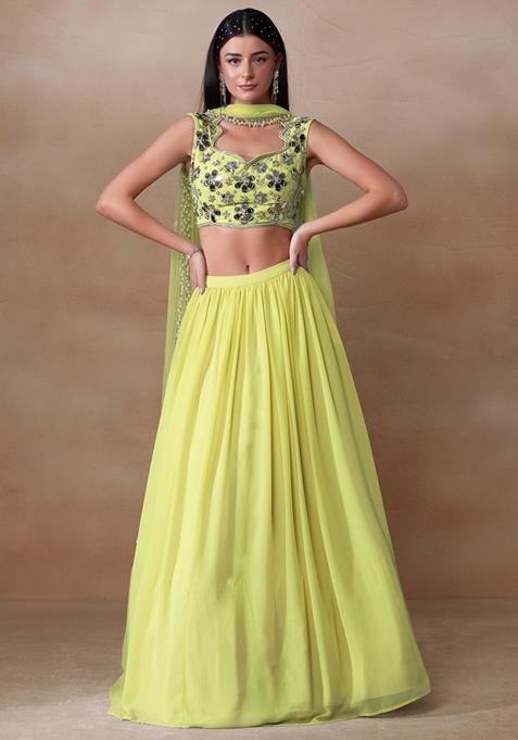 Citrus Yellow Mirror Embellished Georgette Lehenga Set