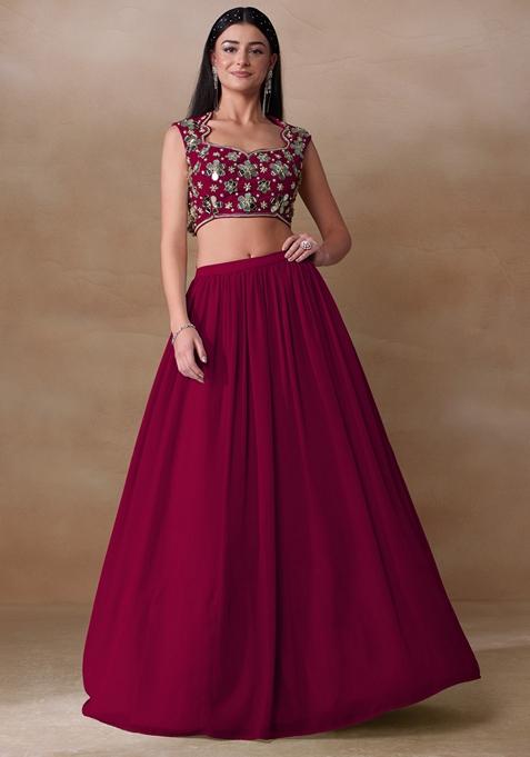 Dark Pink Mirror Embellished Georgette Lehenga Set