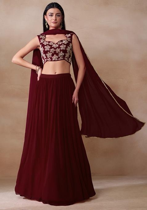 Maroon Pearl Embellished Georgette Lehenga Set