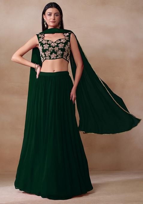 Deep Green Pearl Embellished Georgette Lehenga Set