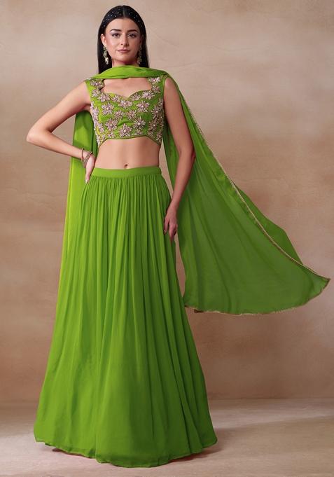 Parrot Green Pearl Embellished Georgette Lehenga Set