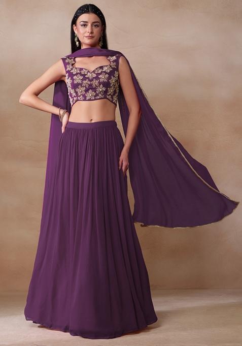 Purple Pearl Embellished Georgette Lehenga Set