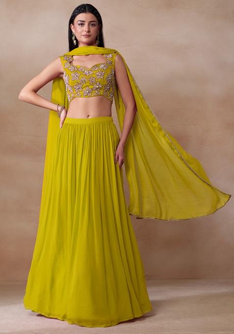 Bright Yellow Pearl Embellished Georgette Lehenga Set