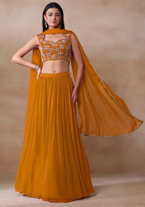 Burnt Orange Pearl Embellished Georgette Lehenga Set