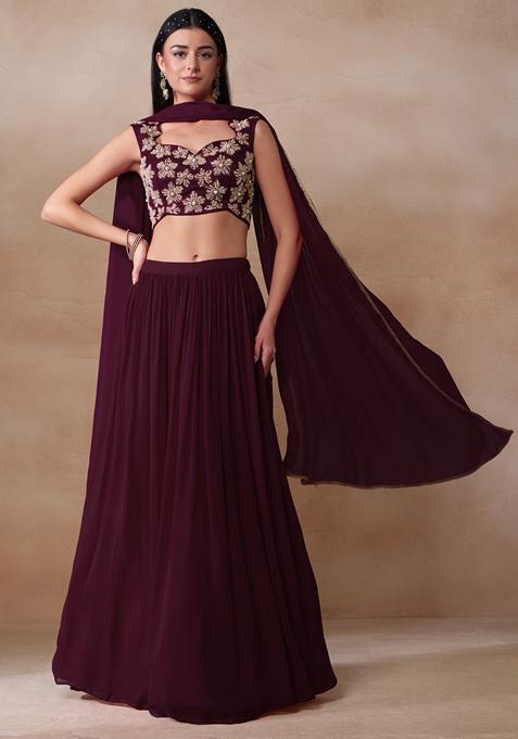 Sangria Purple Pearl Embellished Georgette Lehenga Set