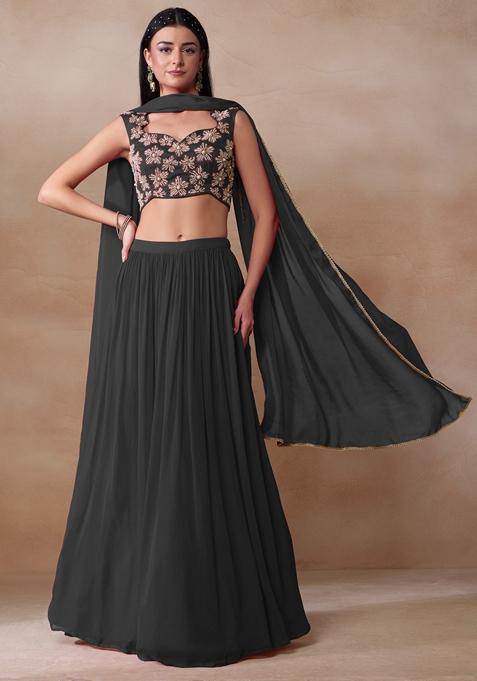 Grey Pearl Embellished Georgette Lehenga Set