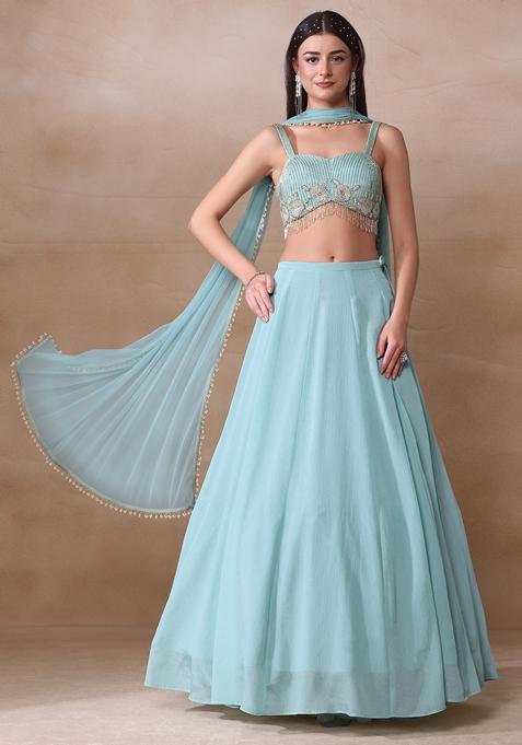 Powder Blue Cutdana Embroidered Chinon Lehenga Set