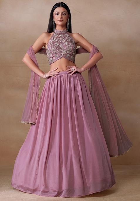 Light Mauve Cutdana Pearl Embroidered Chinon Lehenga Set