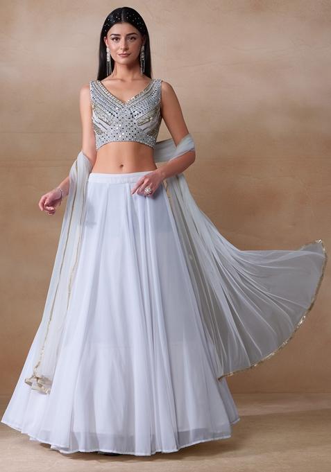 White Mirror Embellished Georgette Lehenga Set