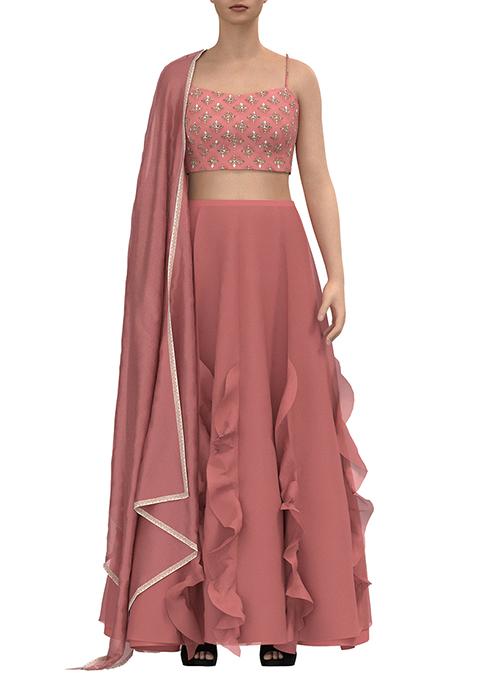 Dusty Pink Ruffled Lehenga Set With Floral Zari Embroidered Blouse And Dupatta
