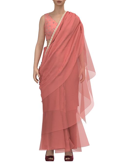 Peach Organza Frilled Pre-Stitched Saree Set With Embroidered Blouse