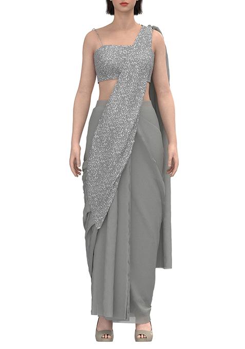 Grey Sequin Stripe Embroidered Pre-Stitched Saree Set With Embroidered Blouse