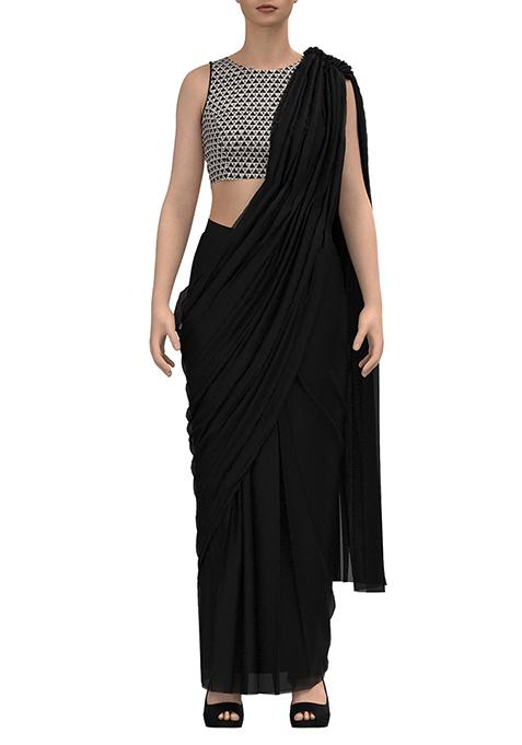 Black Pre-Stitched Saree Set With Zari Embroidered Blouse